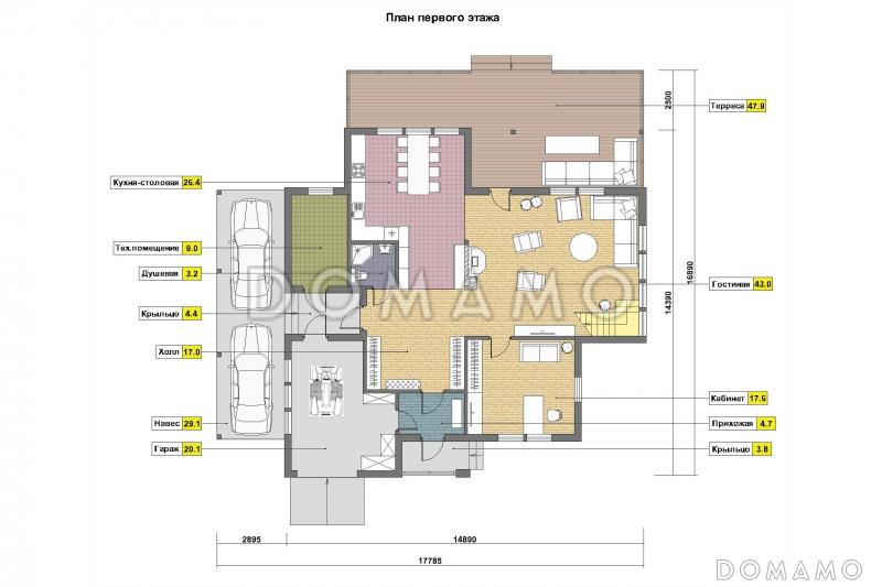Проект каркасного дома с отделкой из двух материалов / План 1 этажа
