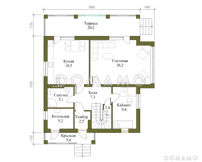 Проект двухэтажного коттеджа с террасой и двумя балконами / План 1 этажа