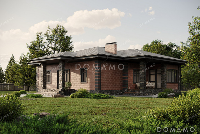 Проект уютного одноэтажного дома с крытой террасой, застекленной верандой, тремя спальнями и двумя санузлами