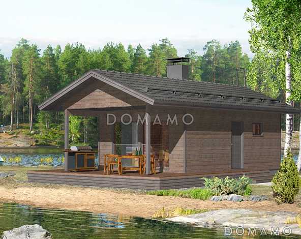 Проект каркасной сауны с большой террасой