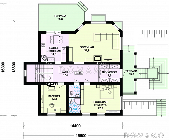 Проект особняка из пеноблоков с цокольным этажом / План 1 этажа