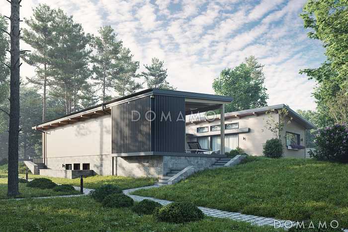 Проект кирпичного дома П-образной формы с внутренним двориком, масштабным остеклением в холле и гостиной