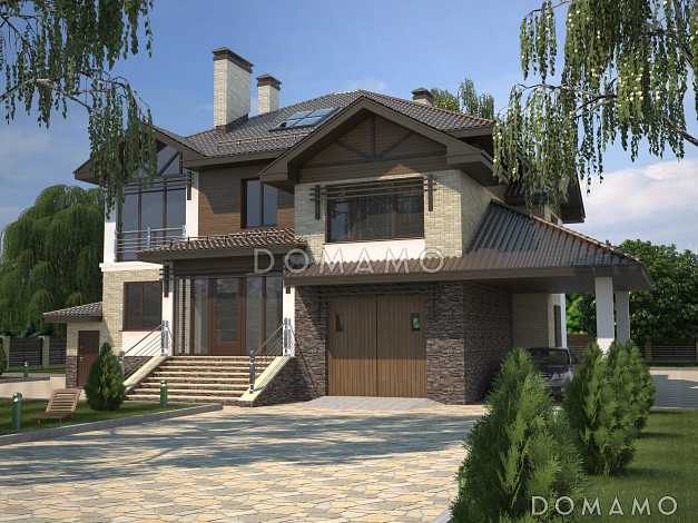 Проект особняка в трех уровнях, с комнатой отдыха на чердаке, с мастерской, гаражом и навесом под автомобиль