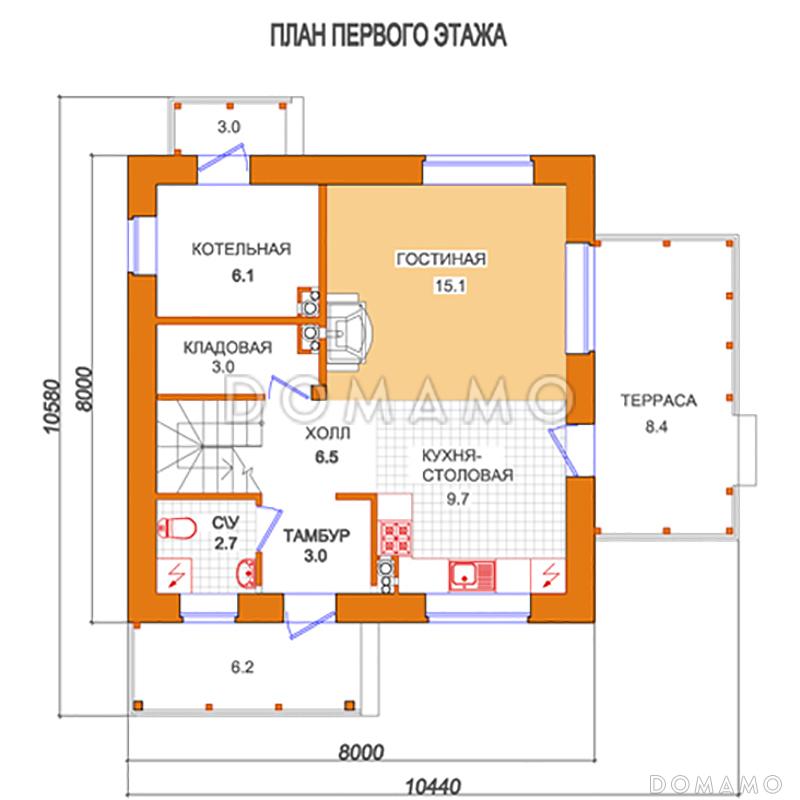 Проект компактного дома с террасой / План 1 этажа