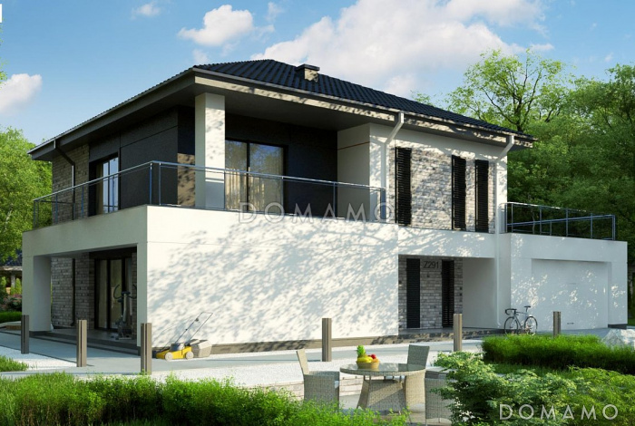 Проект двухэтажного дома из кирпича с гаражом и террасой на втором уровне по периметру дома