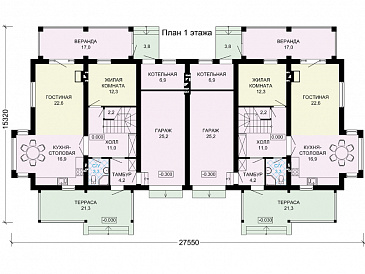 Проект двухэтажного дома на два хозяина с гаражом / План 1 этажа