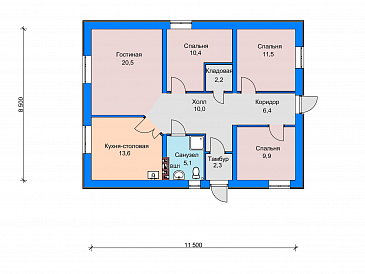 Проект дома с кладовой, кухней-столовой, гостиной, тремя спальнями / План 1 этажа