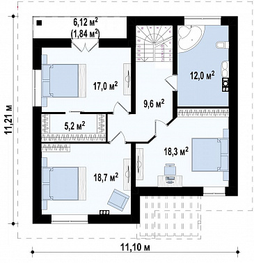 Проект современного двухэтажного дома из газобетона с четырьмя комнатами, большим тех помещением и балконом / План 2 этажа