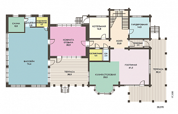Проект двухэтажного дома из клееного бруса с бассейном и сауной на первом этаже / План 1 этажа