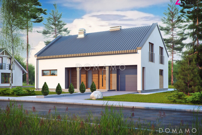 Проект просторного современного одноэтажного мансардного дома из кирпича с большой кухней-столовой, четырьмя комнатами и гаражом