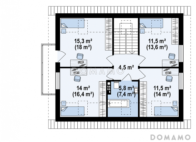 Проект одноэтажного дома из кирпича с оригинальной открытой террасой по периметру и с жилой мансардой / План мансардного этажа