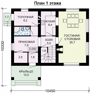 Проект небольшого дома из пеноблоков с интересной отделкой / План 1 этажа