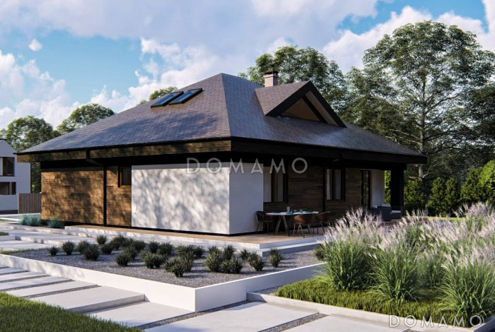 Проект современного дома с мансардным этажом, кладовой, душевой и сауной на первом этаже