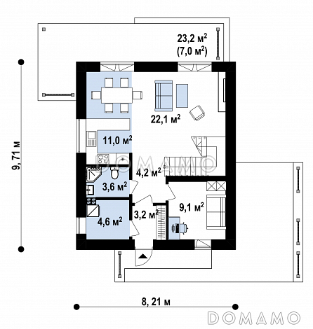 Проект загородного дома для семьи с детьми, просторной ванной, террасой / План 1 этажа