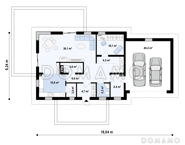 Проект просторного одноэтажного дома из кирпича с тремя спальнями и подсобным помещением на мансардном этаже и со встроенным гаражом / План 1 этажа