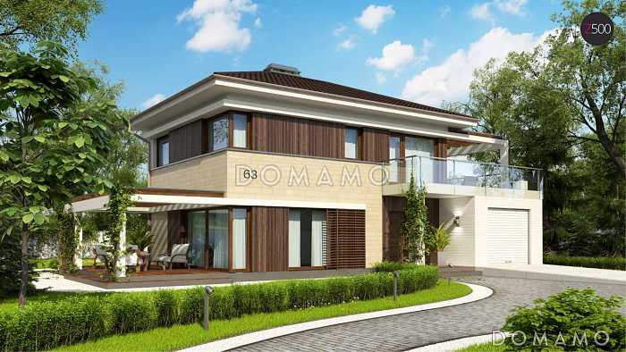 Проект современного двухэтажного дома из газобетона с четырёхскатной крышей с кабинетом, гаражом и крытыми террасами на обоих уровнях