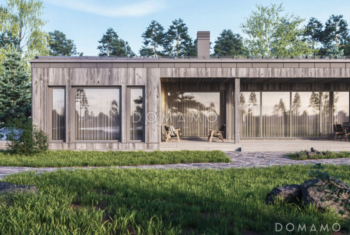 Проект кирпичного одноэтажного дома в стиле барнхаус с панорамными окнами и террасой