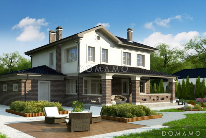 Проект дома с гаражом для машины, подвалом, крытой террасой, кладовой