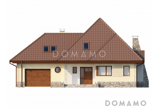 Проект просторного мансардного дома из газобетона с четырьмя спальнями, гаражом и барбекю не террасе / Фасад 1