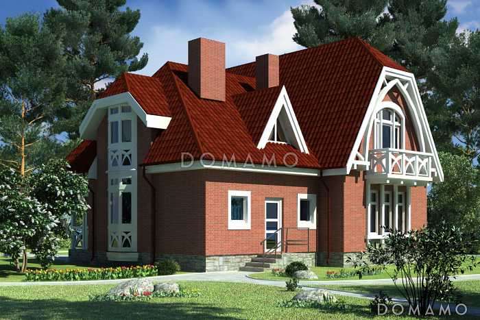 Проект дома одноэтажного дома из СИП панелей с мансардным этажом, эркером, балконами в спальне