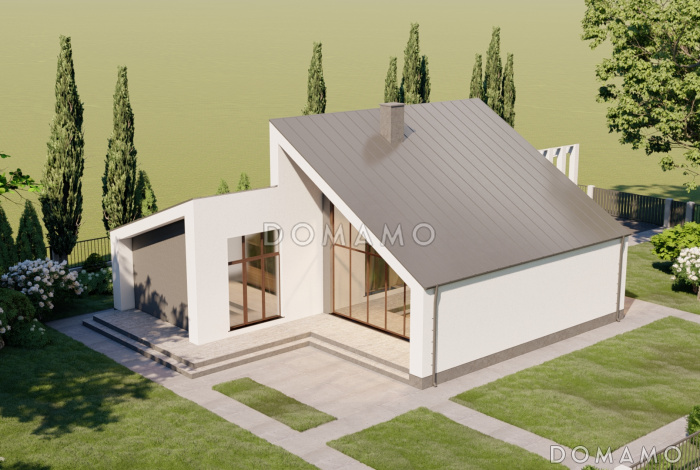 Проект одноэтажного кирпичного дома в стиле хай-тек с "живым" навесом