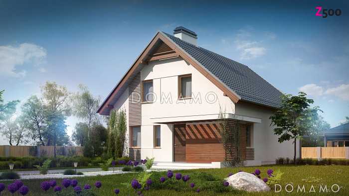 Проект одноэтажного дома из газобетона с мансардным этажом с прямоугольным эркером и балконом