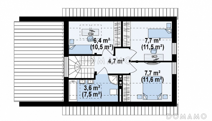 Проект компактного одноэтажного мансардного дома из газобетона с дополнительной спальней на первом этаже и гаражом / План мансардного этажа