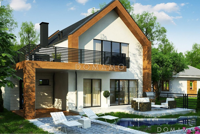 Проект современного двухэтажного дома из кирпича для двух семей, с гаражом и террасой над ним