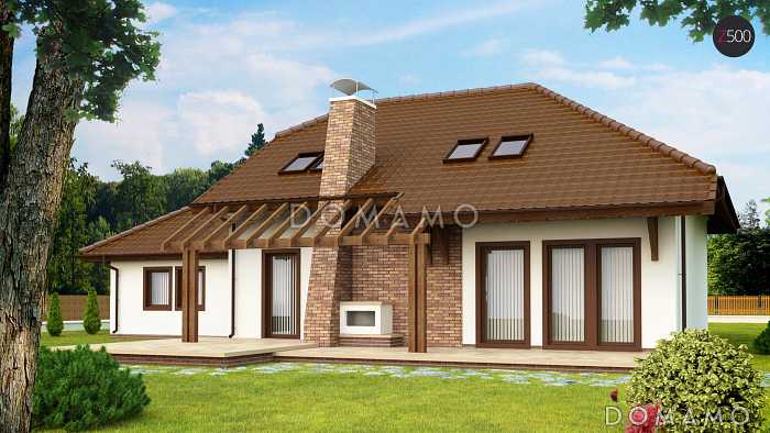 Проект одноэтажного мансардного дома из кирпича с кабинетом, тремя спальнями и гаражом