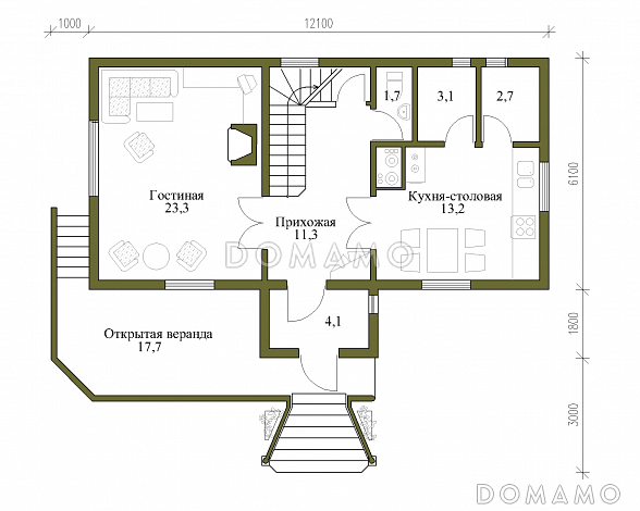 Проект коттеджа с башенкой и гаражом / План 1 этажа