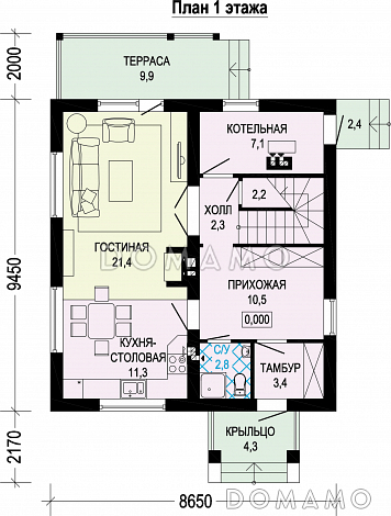 Проект современного экономичного загородного дома из газобетона с элементами финского стиля / План 1 этажа