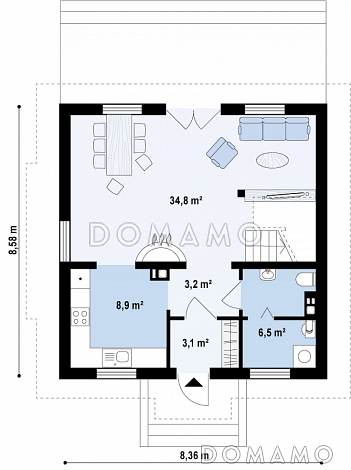 Проект одноэтажного мансардного дома из газобетона с тремя спальнями, балконом и красивыми мансардными окнами / План 1 этажа