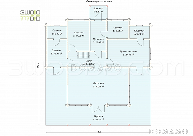 1668 - дом из клееного бруса с большой гостиной и 4 спальнями / План 1 этажа