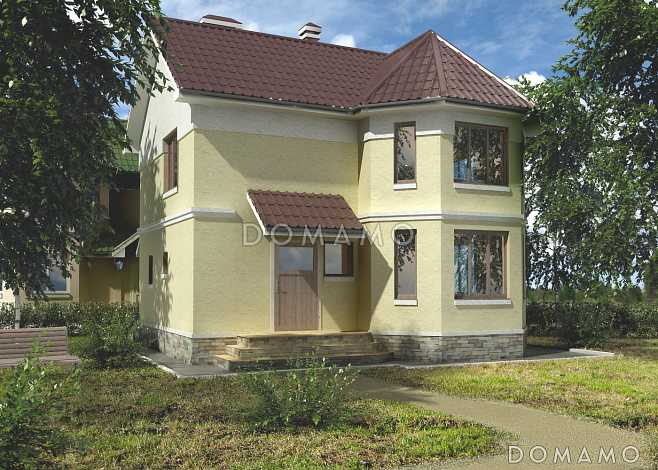 Проект кирпичного дома с солидным эркером на главном фасаде