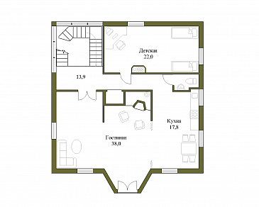 Проект квадратного коттеджа с башенкой / План 2 этажа