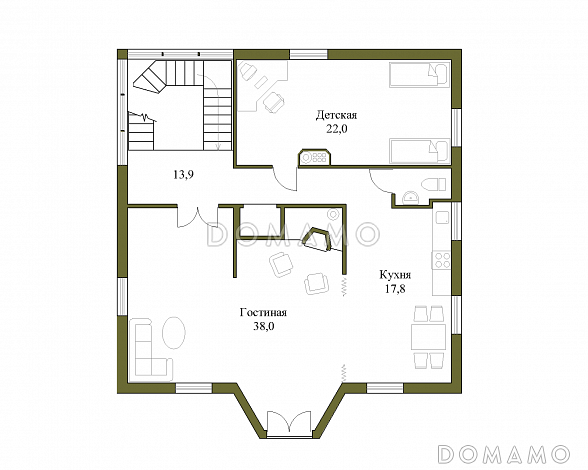 Проект квадратного коттеджа с башенкой / План 2 этажа