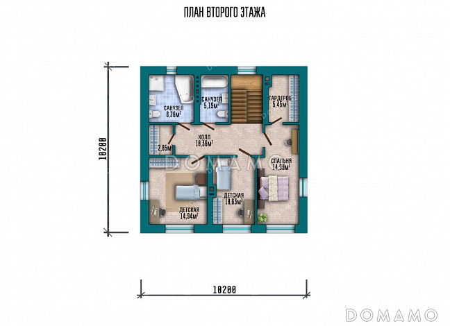 Проект двухэтажного дома с тремя спальнями и вальмовой крышей / План 2 этажа