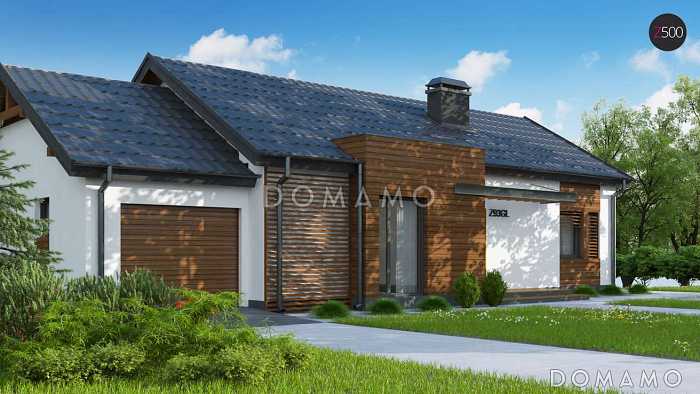 Проект одноэтажного дома из кирпича с современными фасадами, эркерами и гаражом