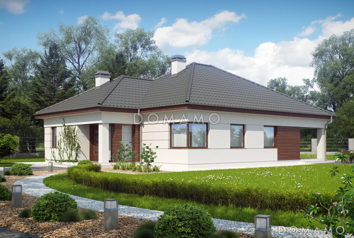 Проект одноэтажного дома с выделенной спальной зоной, просторной гостиной, террасой