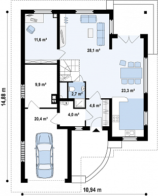 Проект мансардного дома из кирпича с кабинетом, гаражом и техническим помещением / План 1 этажа