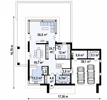 Проект современного двухэтажного дома из кирпича с плоской крышей с гаражом для двух автомобилей и террасами на обоих уровнях / План 1 этажа