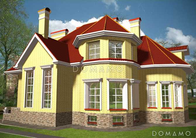 Проект дома с цокольным и мансардным этажами, с двумя эркерами - башнями