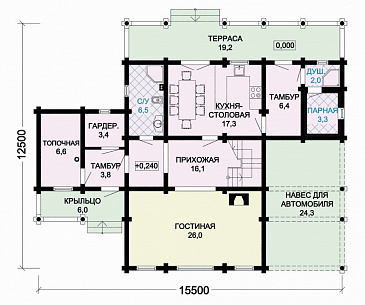Проект деревянного дома с небольшой парной, просторной террасой и навесом для машины / План 1 этажа