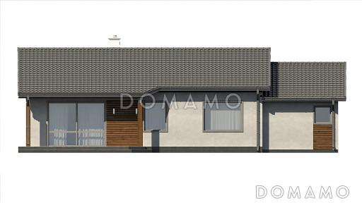 Проект компактного одноэтажного дома из кирпича с тремя спальнями, небольшой крытой террасой и гаражом / Фасад 4