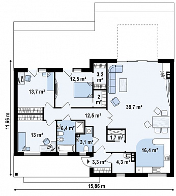 Проект современного одноэтажного дома из газобетона со светлой просторной гостиной и тремя спальнями / План 1 этажа