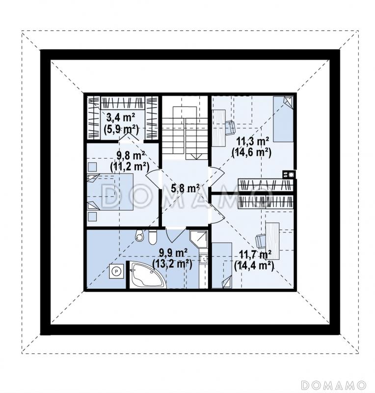 Проект загородного дома с мансардой, гаражом на одну машину, кладовой под лестницей и в кухне / План мансардного этажа