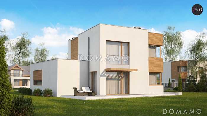 Проект двухэтажного дома из кирпича в стиле кубизм со спальной зоной на втором этаже и с гаражом