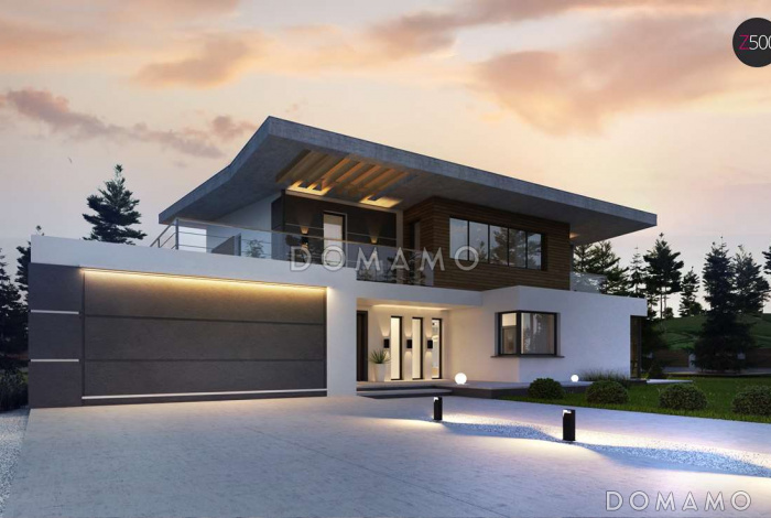 Проект просторного современного двухэтажного дома из газобетона, с пятью комнатами, гаражом и террасой над ним