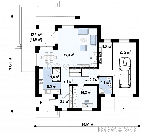 Проект загородного дома с гаражом, просторной гостиной, французскими балконами, чердаком / План 1 этажа