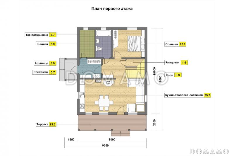 Проект каркасного дома с мансардными окнами / План 1 этажа